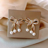 Karopel Zircon Pearl Bow Earrings Party Ladies Christmas Stud Earrings