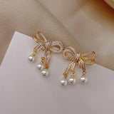 Karopel Zircon Pearl Bow Earrings Party Ladies Christmas Stud Earrings