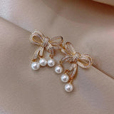 Karopel Zircon Pearl Bow Earrings Party Ladies Christmas Stud Earrings