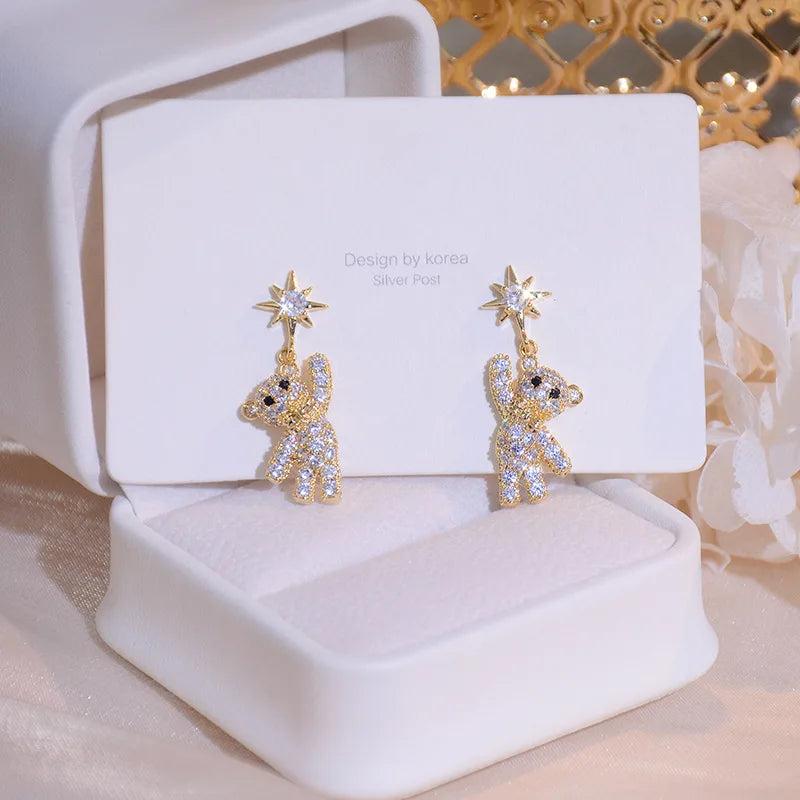 Shining Bear Earrings Women Full Diamond Bling Zircon Drop Earring