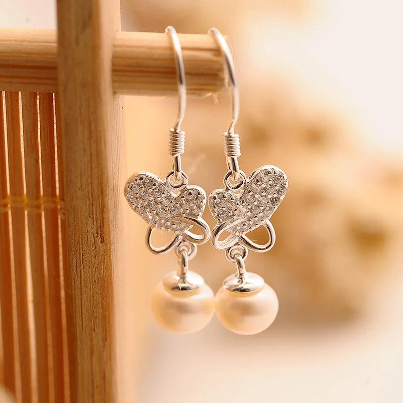 925 Silver Butterfly Pearl Drop Earrings Wedding Jewelry