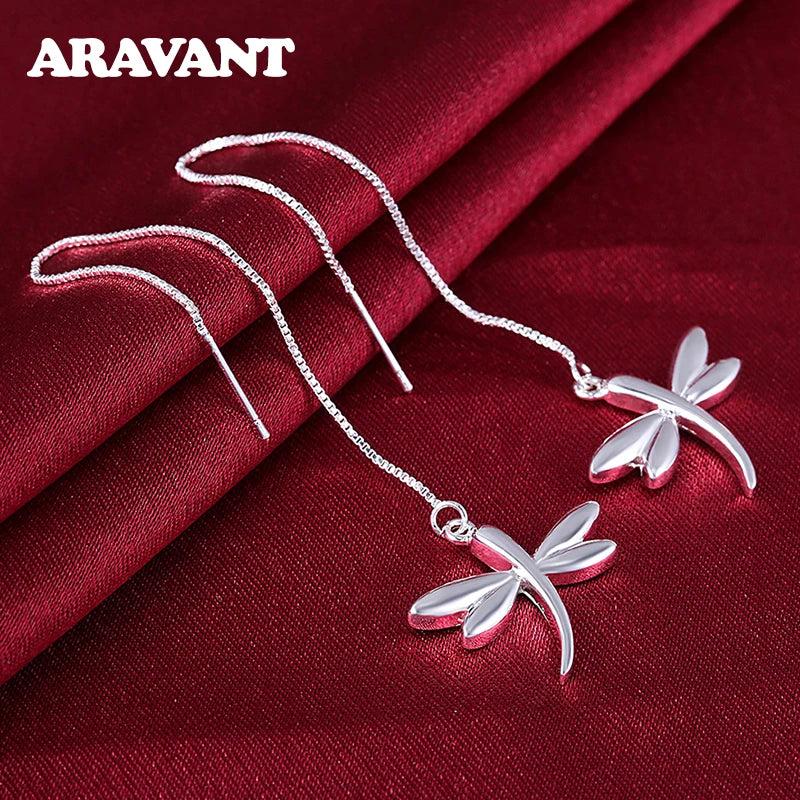 Silver Dragonfly Long Chain Dangle Earrings Women Jewelry
