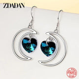 925 Silver Moon Heart Crystal Drop Earrings Women Wedding Jewelry