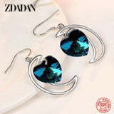 925 Silver Moon Heart Crystal Drop Earrings Women Wedding Jewelry