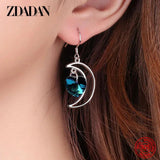 925 Silver Moon Heart Crystal Drop Earrings Women Wedding Jewelry