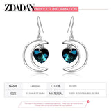 925 Silver Moon Heart Crystal Drop Earrings Women Wedding Jewelry