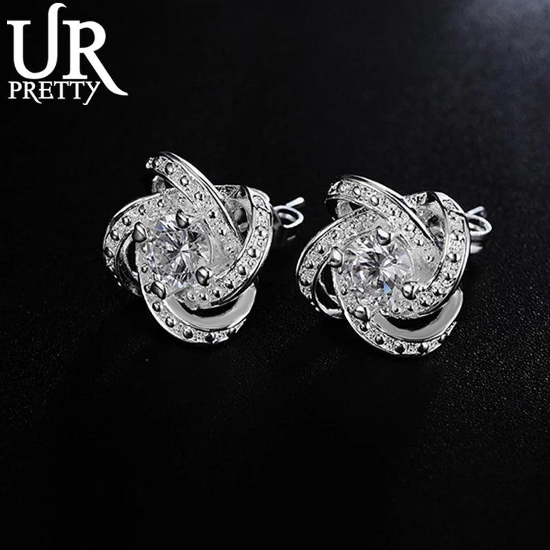 925 Silver Rotate Flower Zircon Stud Earring Wedding Jewelry