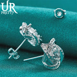 925 Silver Rotate Flower Zircon Stud Earring Wedding Jewelry