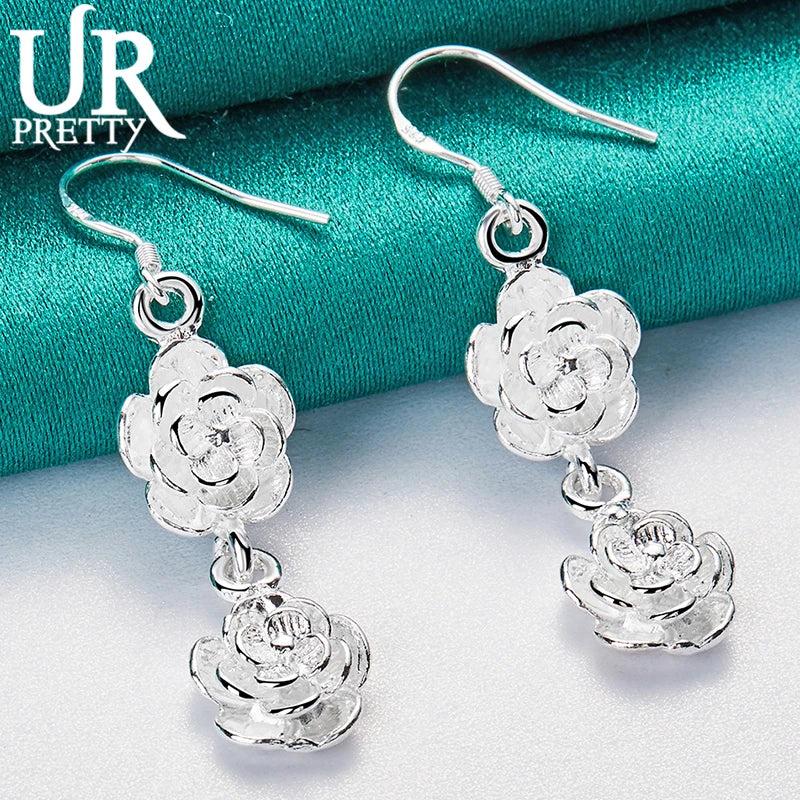 925 Silver Double Rose Flower Drop Earring Wedding Party Charm Jewelry