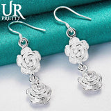 925 Silver Double Rose Flower Drop Earring Wedding Party Charm Jewelry