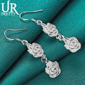 925 Silver Double Rose Flower Drop Earring Wedding Party Charm Jewelry