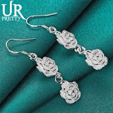 925 Silver Double Rose Flower Drop Earring Wedding Party Charm Jewelry