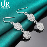 925 Silver Double Rose Flower Drop Earring Wedding Party Charm Jewelry