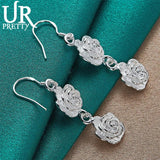 925 Silver Double Rose Flower Drop Earring Wedding Party Charm Jewelry