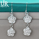 925 Silver Double Rose Flower Drop Earring Wedding Party Charm Jewelry