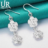 925 Silver Double Rose Flower Drop Earring Wedding Party Charm Jewelry