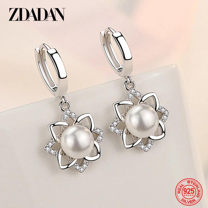 925 Silver Vintage Floral Pearl Drop Earrings Wedding Jewelry Gift