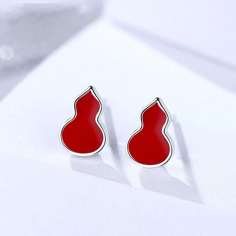 925 Silver Gourd Earrings Red Pain Stud Women Jewelry
