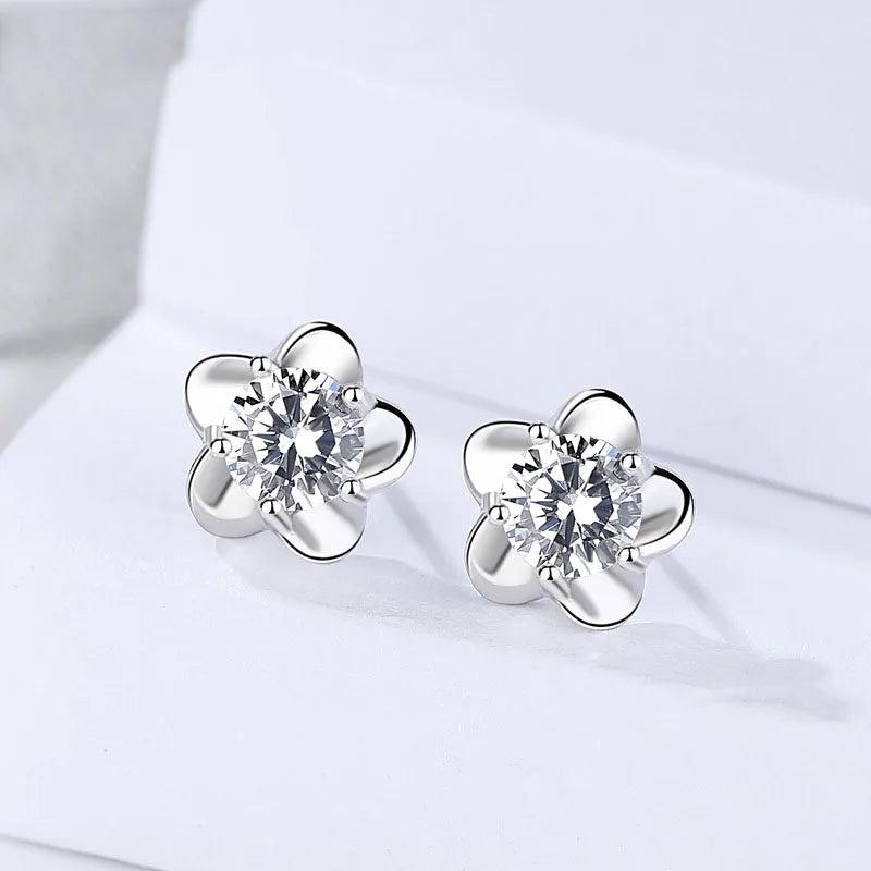Flower Earrings 925 Silver Studs Purple Zircon Stone
