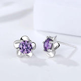 Flower Earrings 925 Silver Studs Purple Zircon Stone