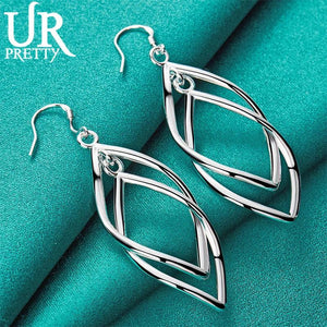 925 Silver Long Geometry Pendant Drop Earring Women Wedding Charm Jewelry