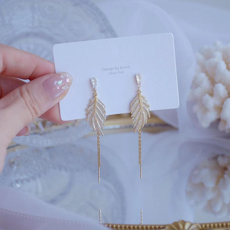Romantic Leaf Tassel Earring 14k Pave Zircon Stud Jewelry