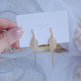 Romantic Leaf Tassel Earring 14k Pave Zircon Stud Jewelry