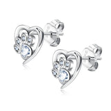 S925 Silver Romantic Cat Dog Paw Heart Stud Earrings Zircon Ear Studs