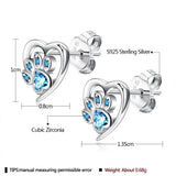 S925 Silver Romantic Cat Dog Paw Heart Stud Earrings Zircon Ear Studs