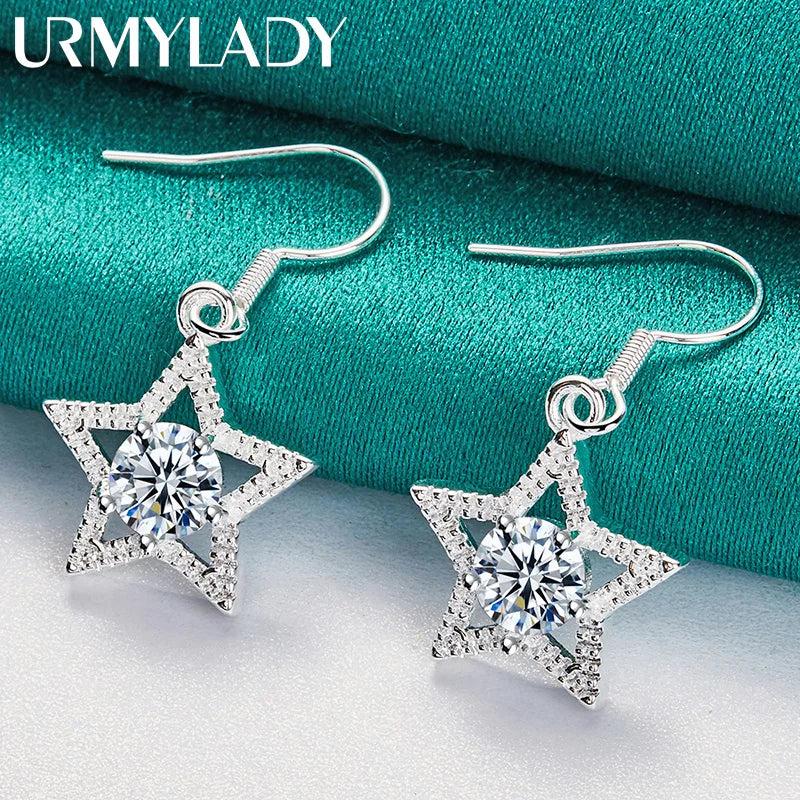 925 Silver Star Zircon Earrings Drop Women Wedding Jewelry