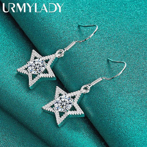 925 Silver Star Zircon Earrings Drop Women Wedding Jewelry