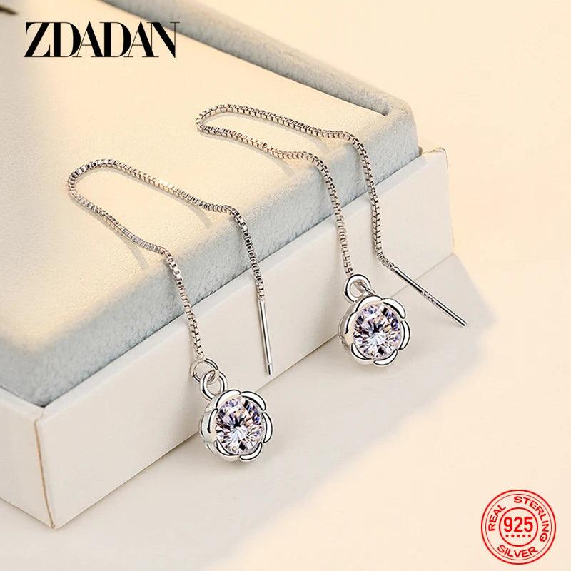 925 Silver Rose Flower Zircon Long Chain Earring Women Wedding Gift