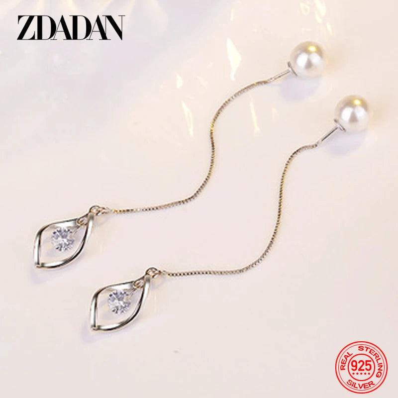 925 Silver Long Tassel Pearl Drop Earring Women Girls Jewelry