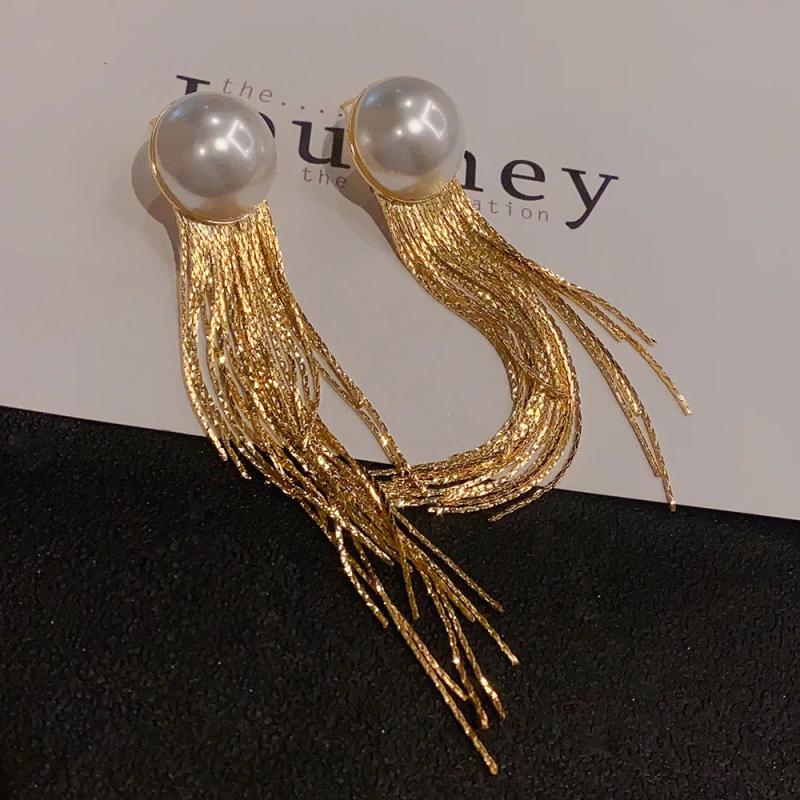 Long Style Pearl Tassel Earrings 925 Silver Needle