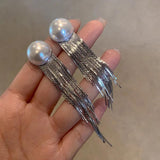 Long Style Pearl Tassel Earrings 925 Silver Needle
