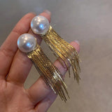 Long Style Pearl Tassel Earrings 925 Silver Needle