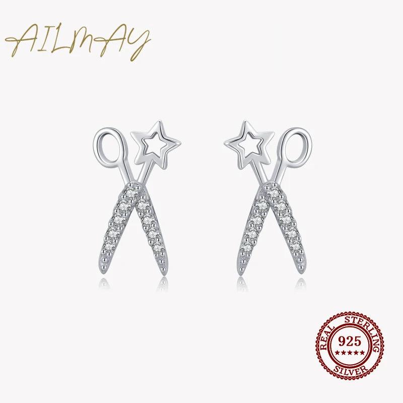 Sterling Silver Scissors Earrings with Zircon Studs