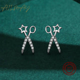 Sterling Silver Scissors Earrings with Zircon Studs