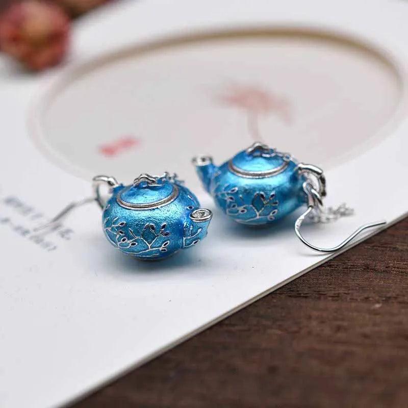 Thai Silver Enamel Teapot Plum Earrings Ethnic Chinese Ear Hook Hanfu Jewelry