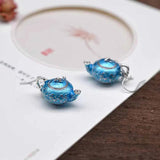 Thai Silver Enamel Teapot Plum Earrings Ethnic Chinese Ear Hook Hanfu Jewelry