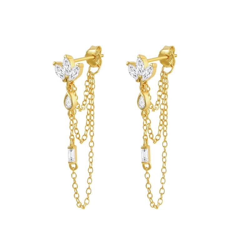 CZ Crown Tassel Stud Earrings 925 Sterling Silver Long Chain Fine Jewelry