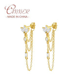 CZ Crown Tassel Stud Earrings 925 Sterling Silver Long Chain Fine Jewelry