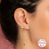 CZ Crown Tassel Stud Earrings 925 Sterling Silver Long Chain Fine Jewelry