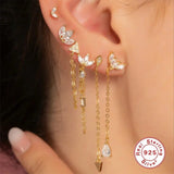 CZ Crown Tassel Stud Earrings 925 Sterling Silver Long Chain Fine Jewelry