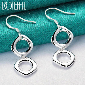 925 Silver Square Round Drop Earrings Wedding Party Charm Jewelry