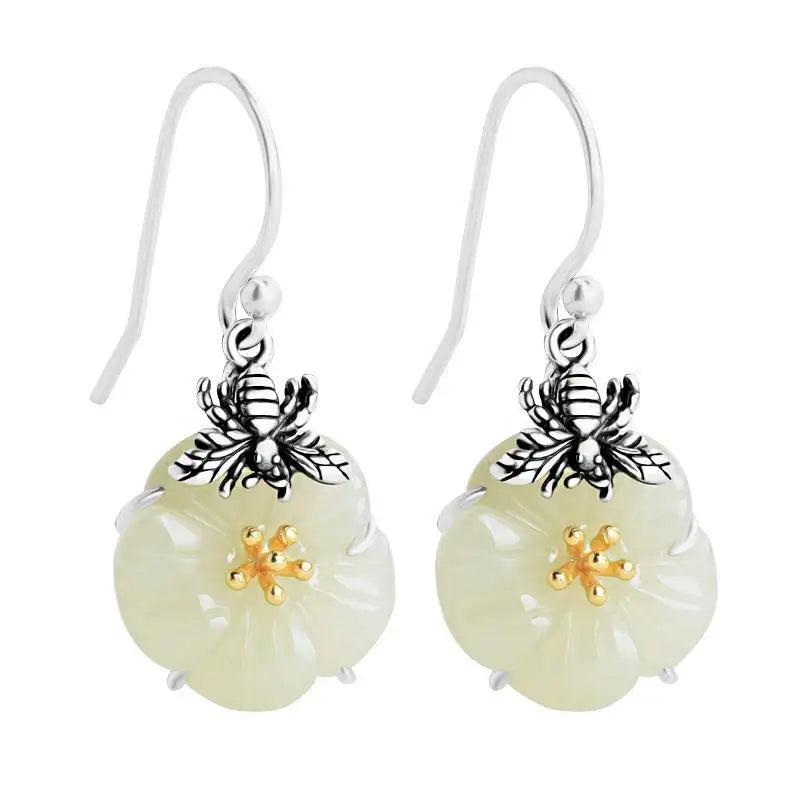 Charming Natural Hetian Jade Bee Earrings