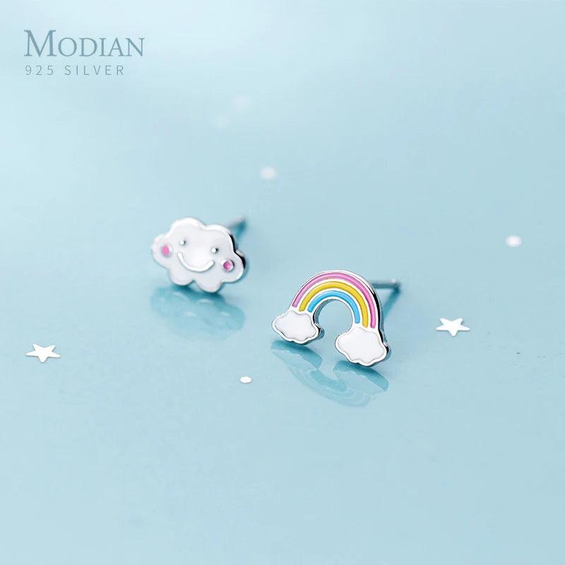 Enamel Rainbow Clouds Stud Earrings 925 Sterling Silver Kids Gift