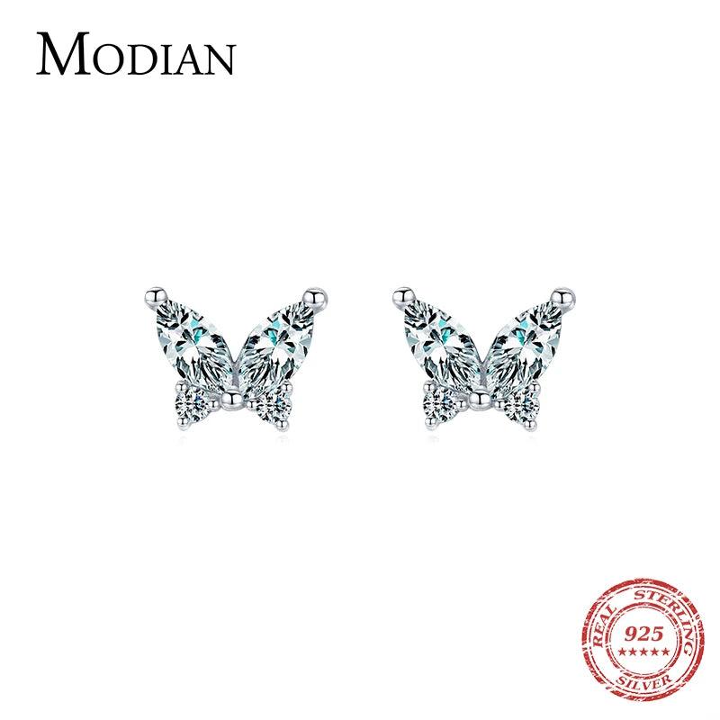 925 Silver Butterfly Stud Earrings Clear CZ Ear Studs Women Jewelry