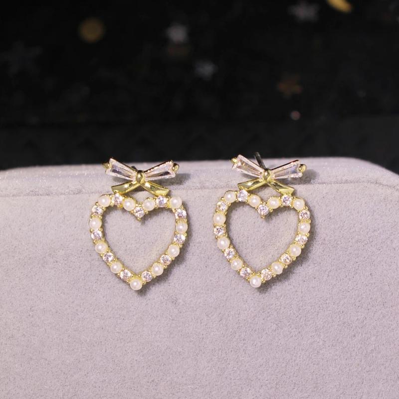 S925 Silver Needle CZ Zircon Heart-shaped Pearl Earrings