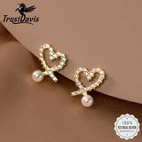 TrustDavis Sweet Heart Pearl CZ Stud Earrings - DE0035